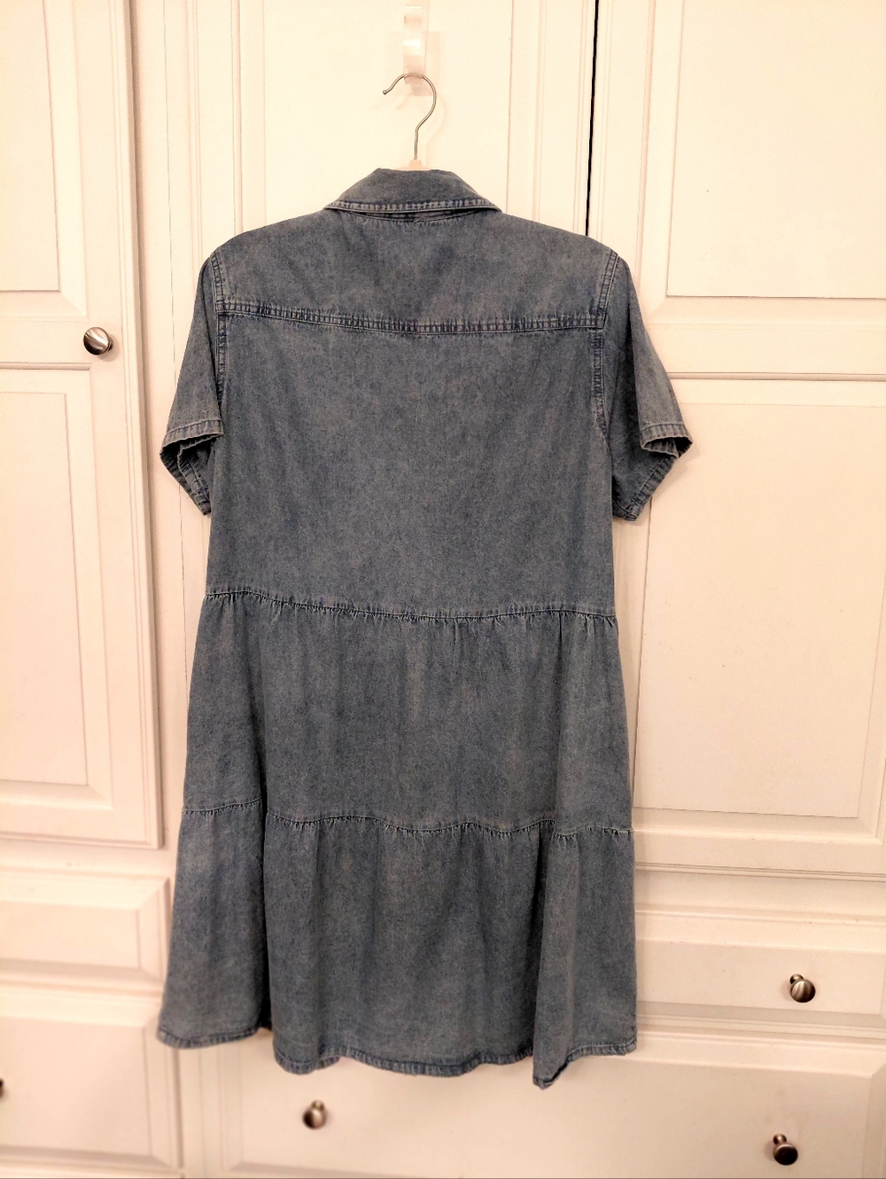 Denim Tiered Short-Sleeve Dress - Light Blue - Picture 2 of 10